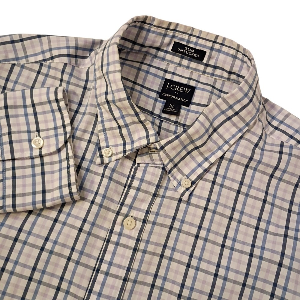 J Crew Button Down Shirt Men XL Slim Untucked Performance Blue Pink Plaid Pocket